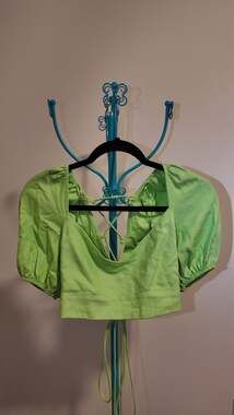 Bershka Lime Green Puff Sleeve Lace-Up Back Crop Top – Size M